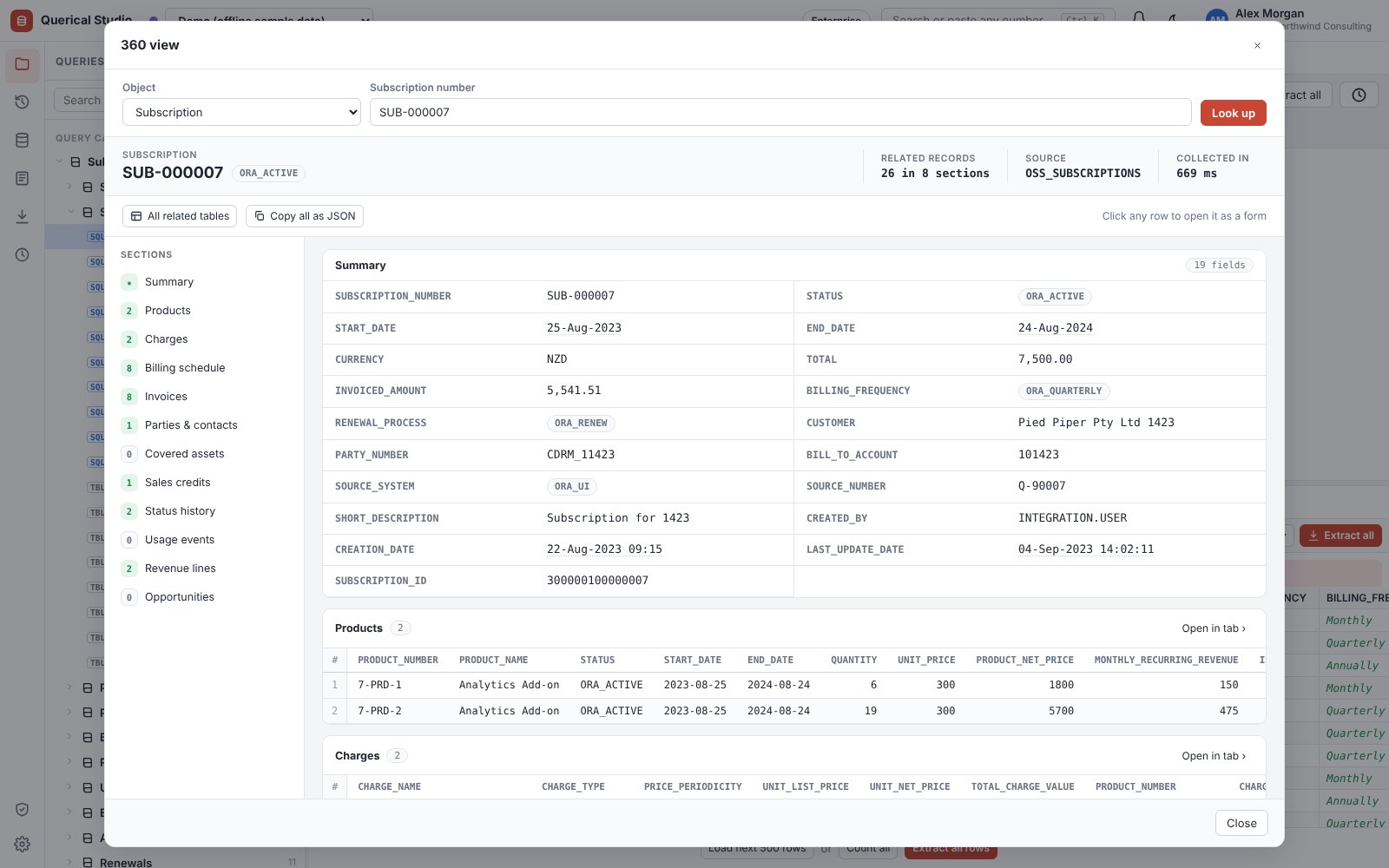 Subscription 360 view with products, charges and billing linked