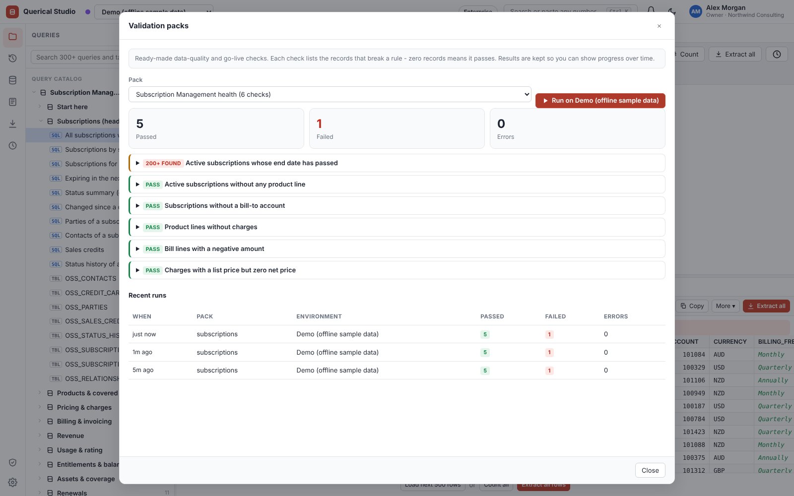 Validation pack results with passed and failed checks