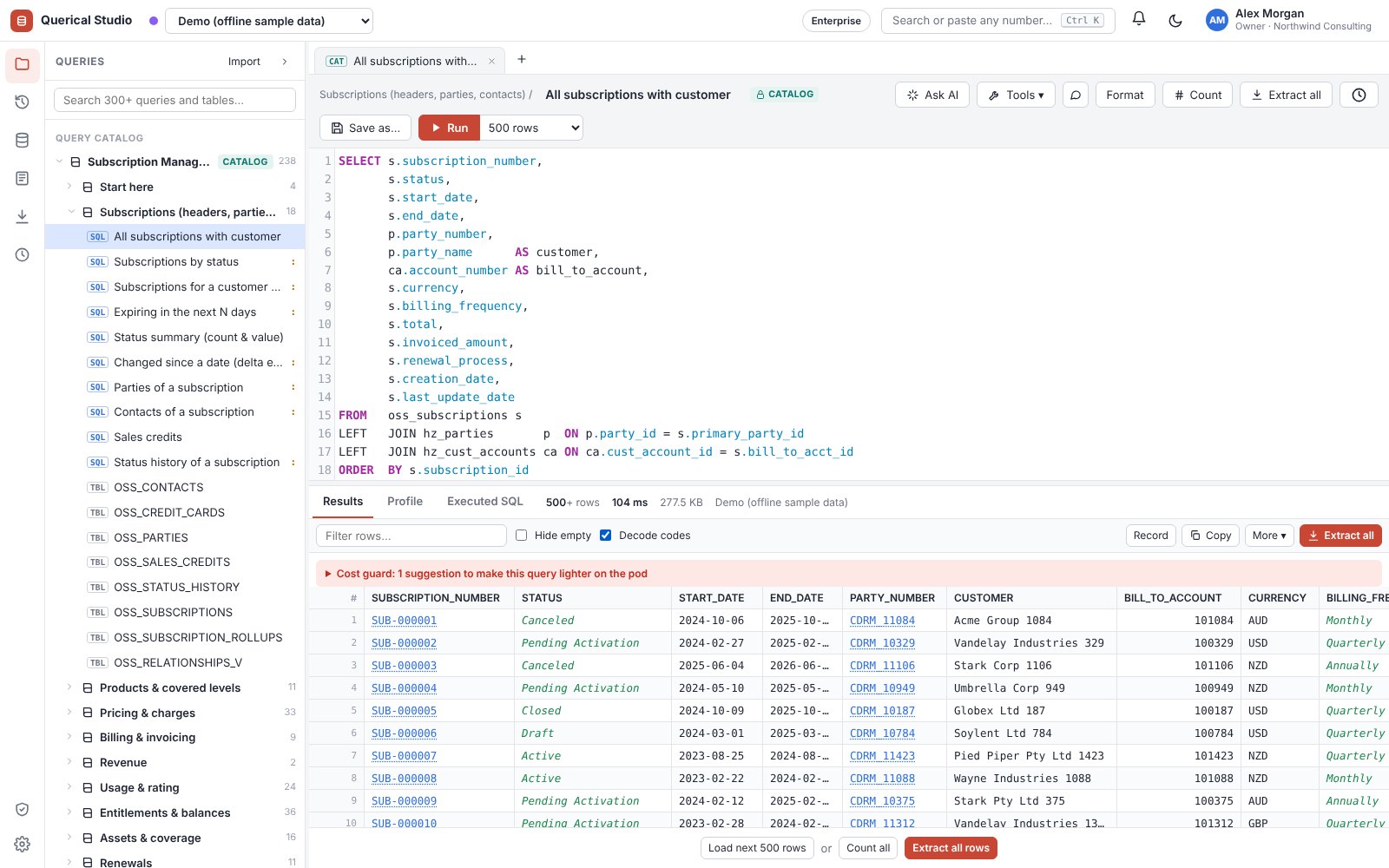 SQL editor with results grid and decoded status codes